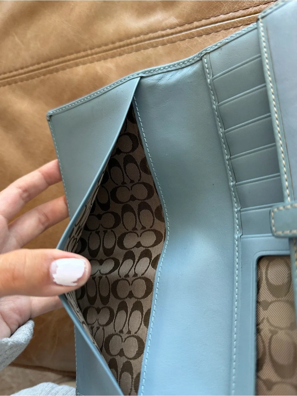 coach vintage blue leather wallet buckle closure